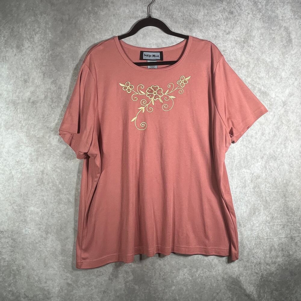 Indigo Moon Shirt Womens 3X‎ Pink Embroidered Floral Short Sleeve Artsy Mature